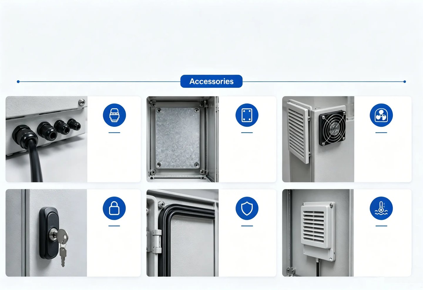 Six-panel grid showcasing electrical enclosure accessories like cable glands, cooling fans, and security locks.