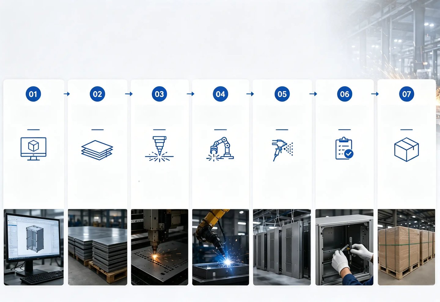 A seven-step industrial sheet metal fabrication process infographic from CAD design to final packaging.