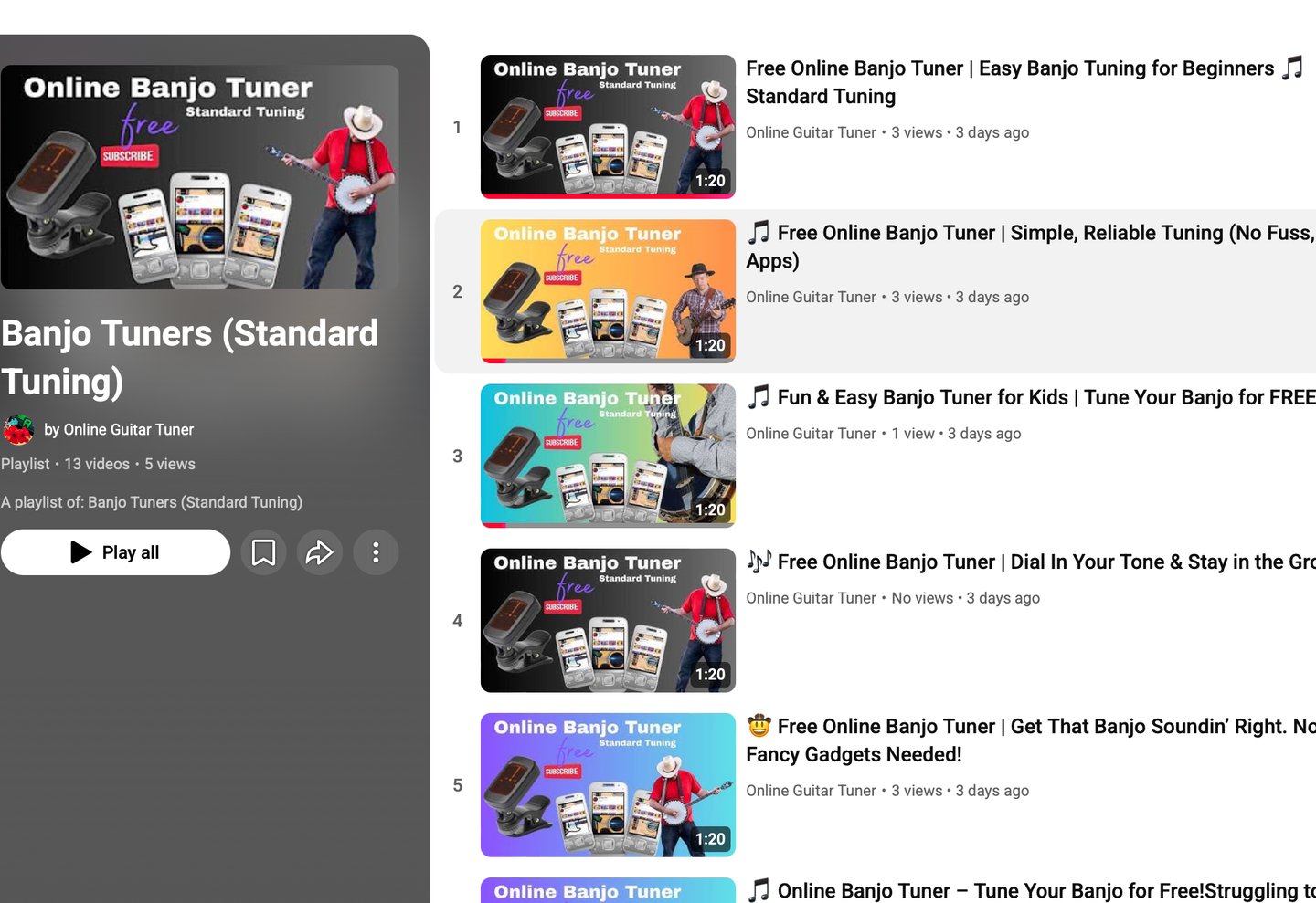 Screenshot of a free online banjo tuner video playlist with standard tuning tutorials for beginners.