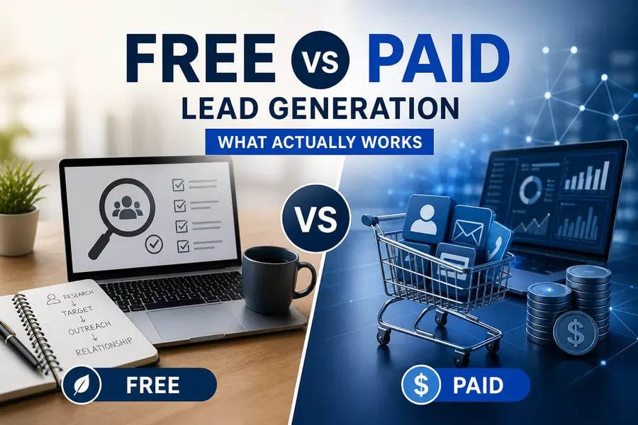 Free vs paid B2B lead generation comparison showing manual outreach and digital marketing tools
