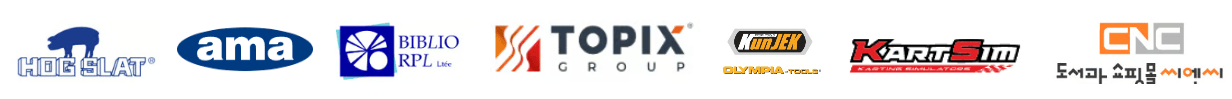A collection of industrial and corporate logos including Hog Slat, AMA, Topix Group, and KartSim.