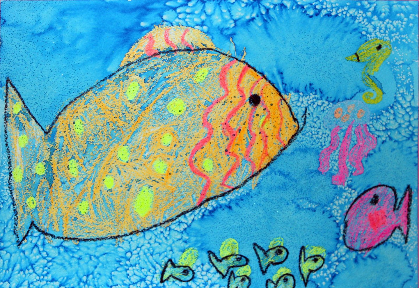 underwater sea creatures using crayons and watercolor wash