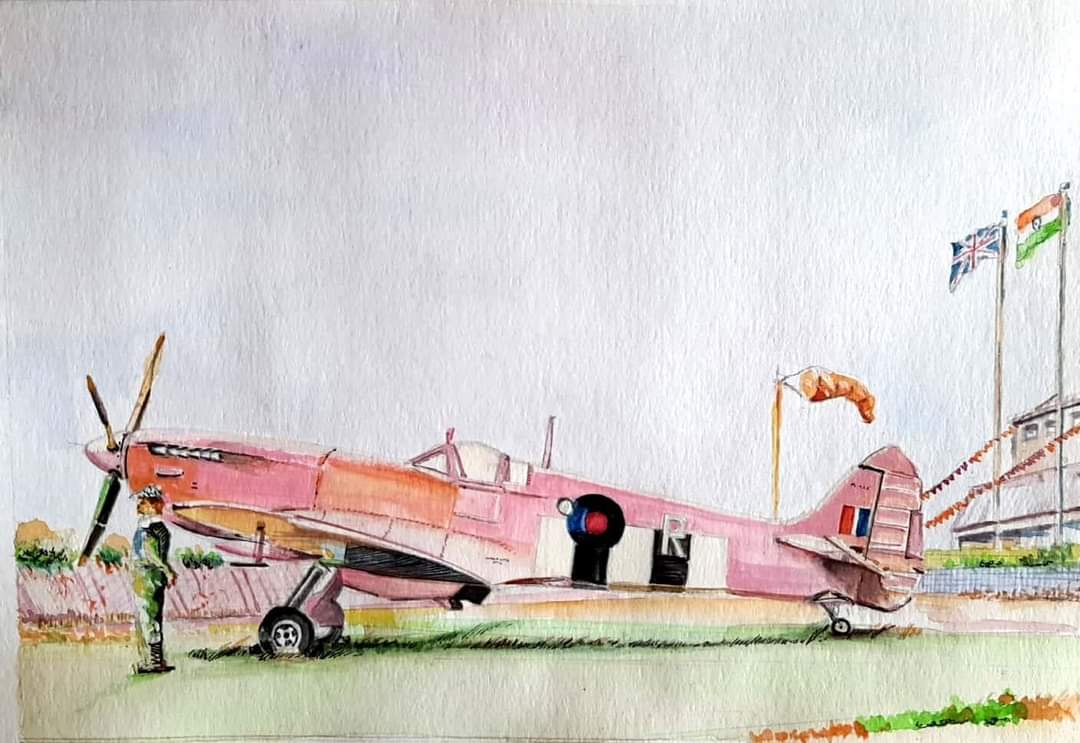Vintage aviation art, pink spitfire aircraft