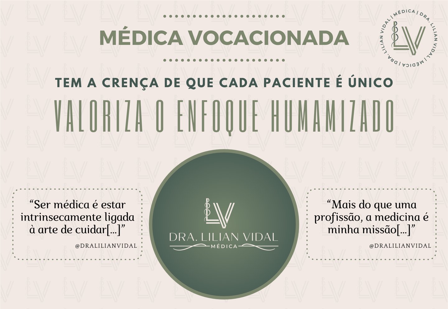 Um pôster com três frases médicas uma em cada lado e em cima, centralizado um logotipo de uma médica