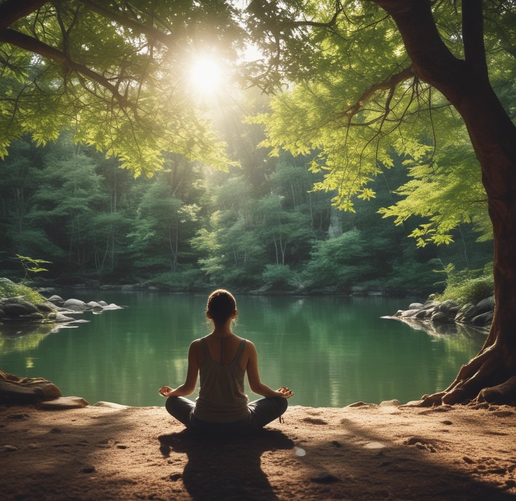 A serene person meditating outdoors at sunrise with soft glowing light.