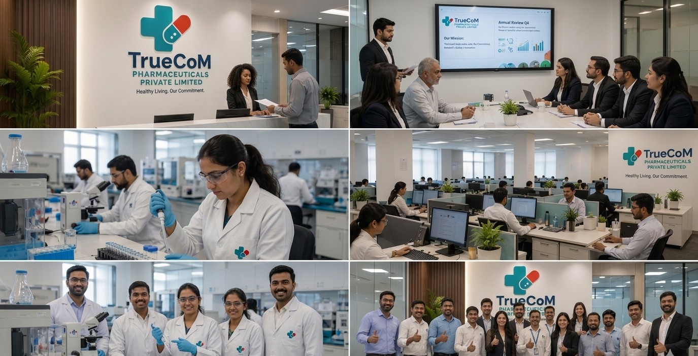 Collage of TrueCoM Pharmaceuticals team in lab, office, and meeting settings.