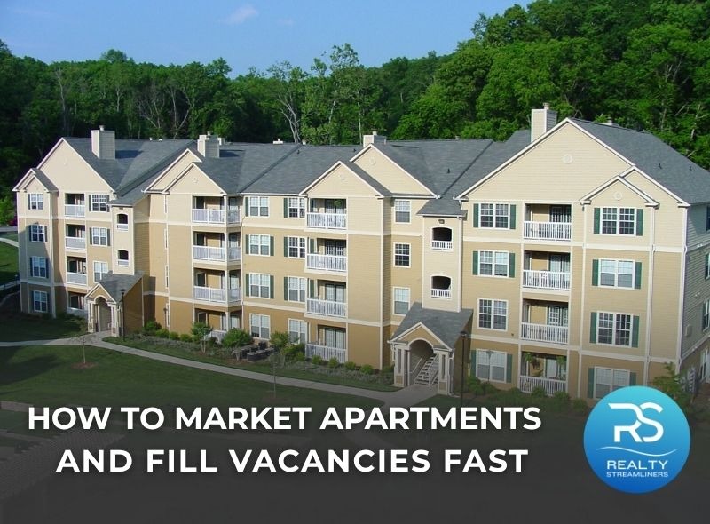 Exterior view of modern apartment community with landscaped courtyard, representing multifamily property marketing