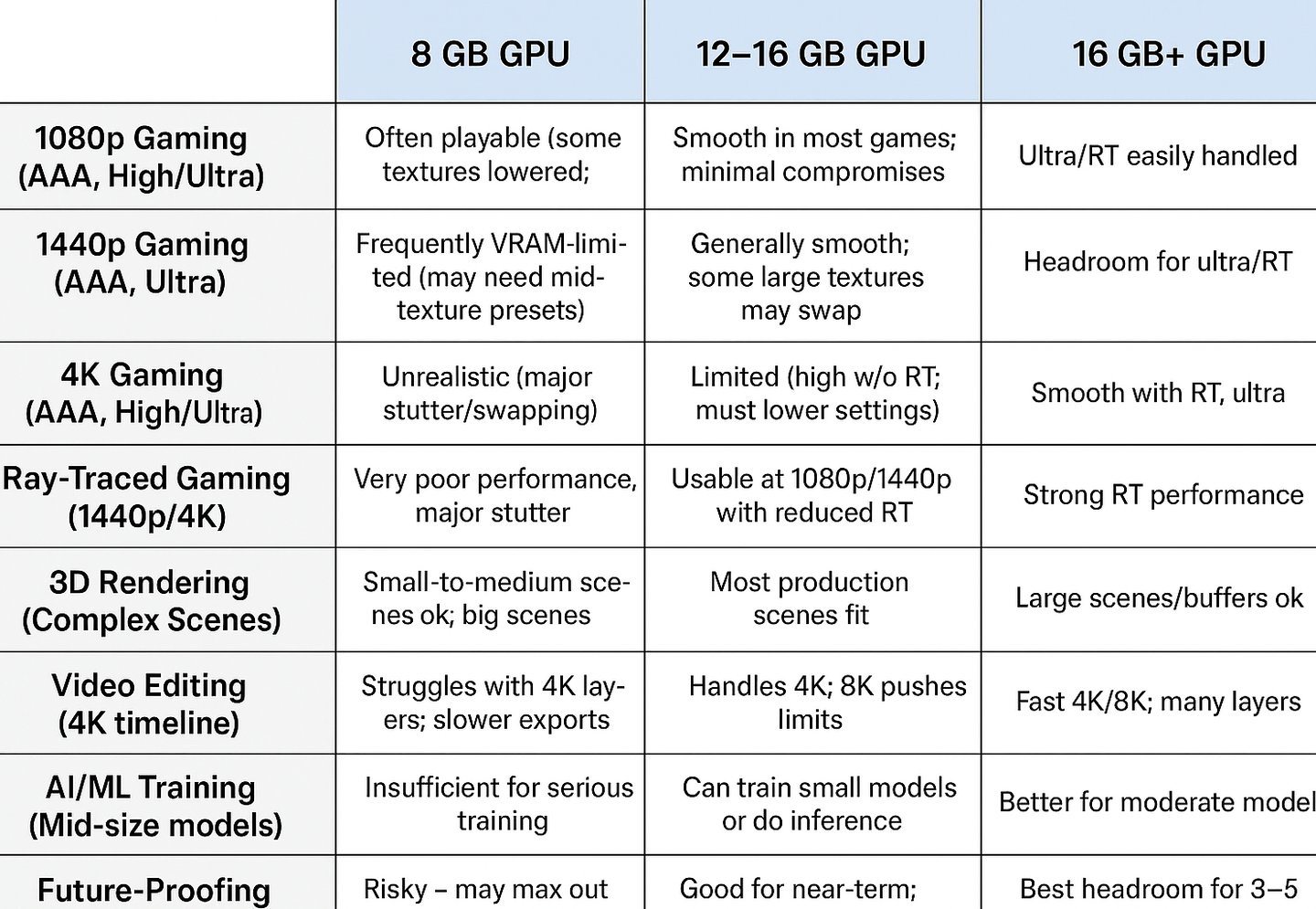 VRAM comparison in contrast to tasks and usage
