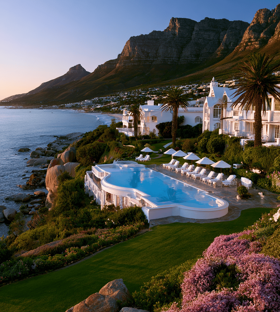 Luxury resort infinity pool overlooking the ocean and Twelve Apostles mountains in Cape Town.