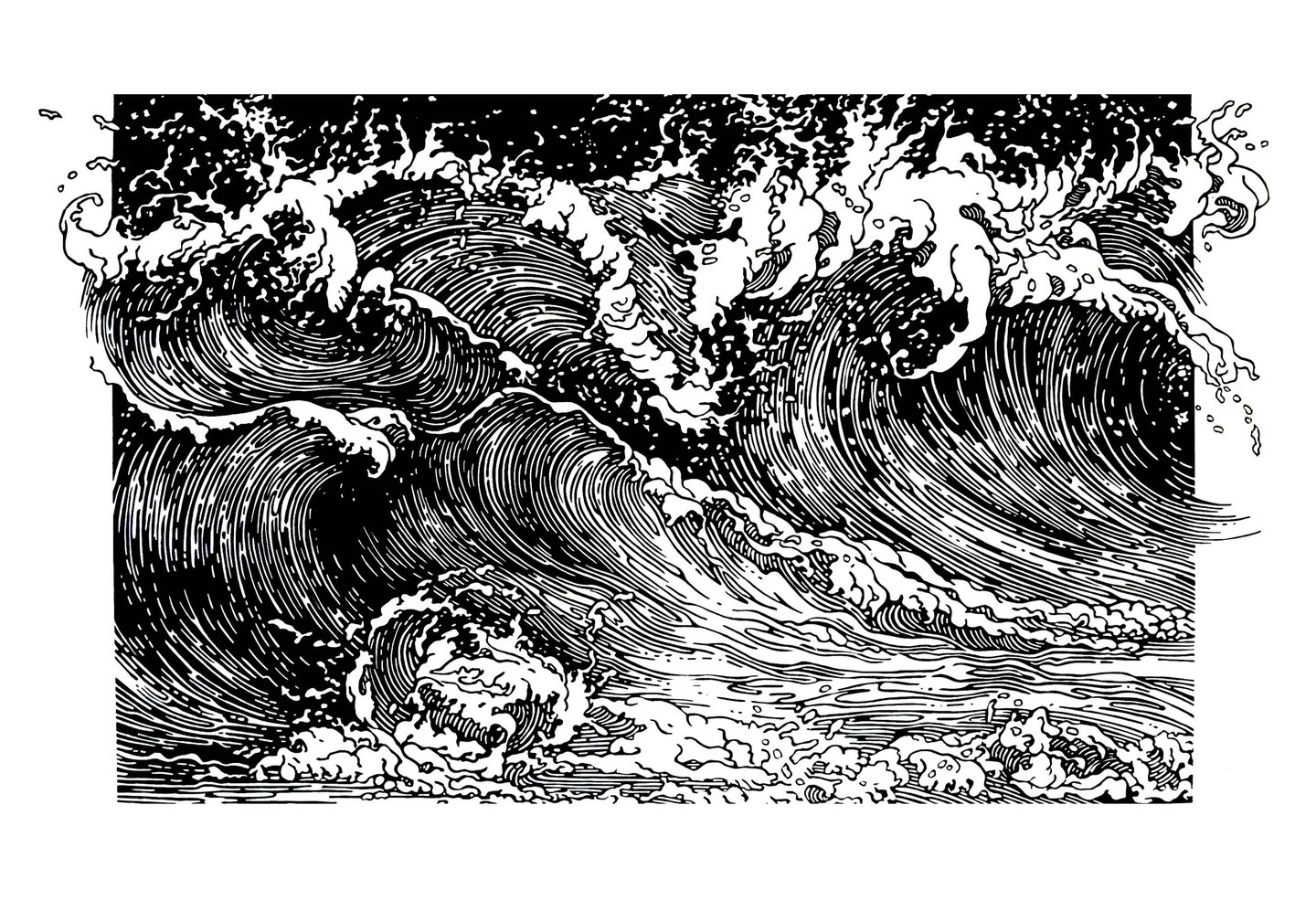 Linogravure, estampe originale,  représentant des vagues.