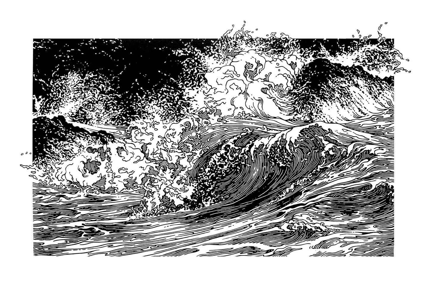 Linogravure, estampe originale,  représentant des vagues.