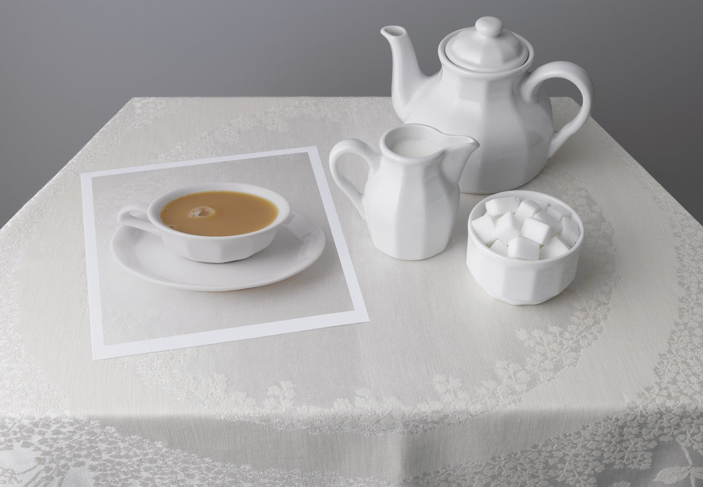white teapot milk jug and sugar bowl on a white embroidered tablecloth with a photo of a cup of tea