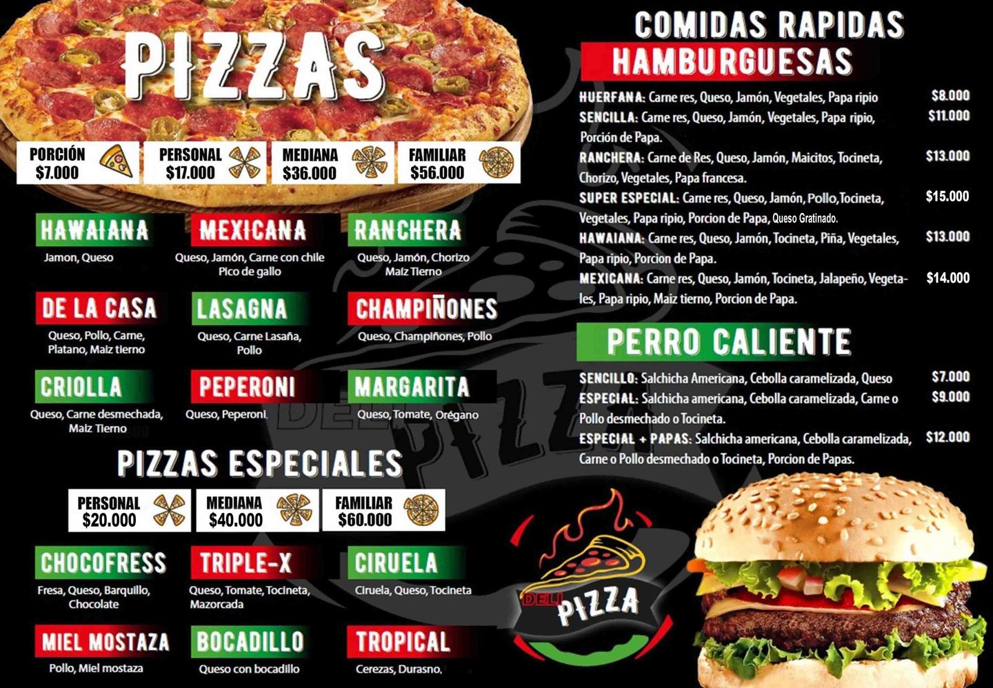 Menú Pizzas y Hamburguesas en Delipizza Cajamarca