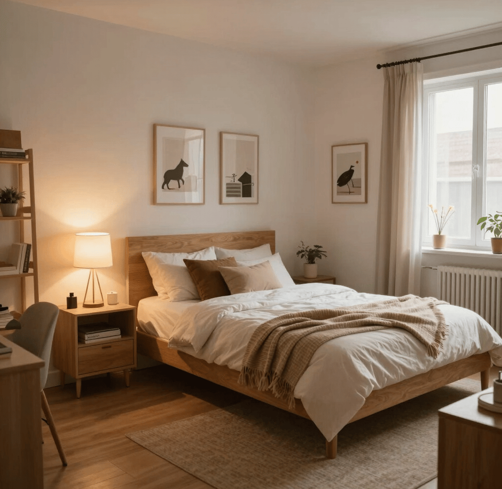 A softly lit bedroom corner styled with pastel cushions, delicate fairy lights, and a small DIY vase on a white desk.