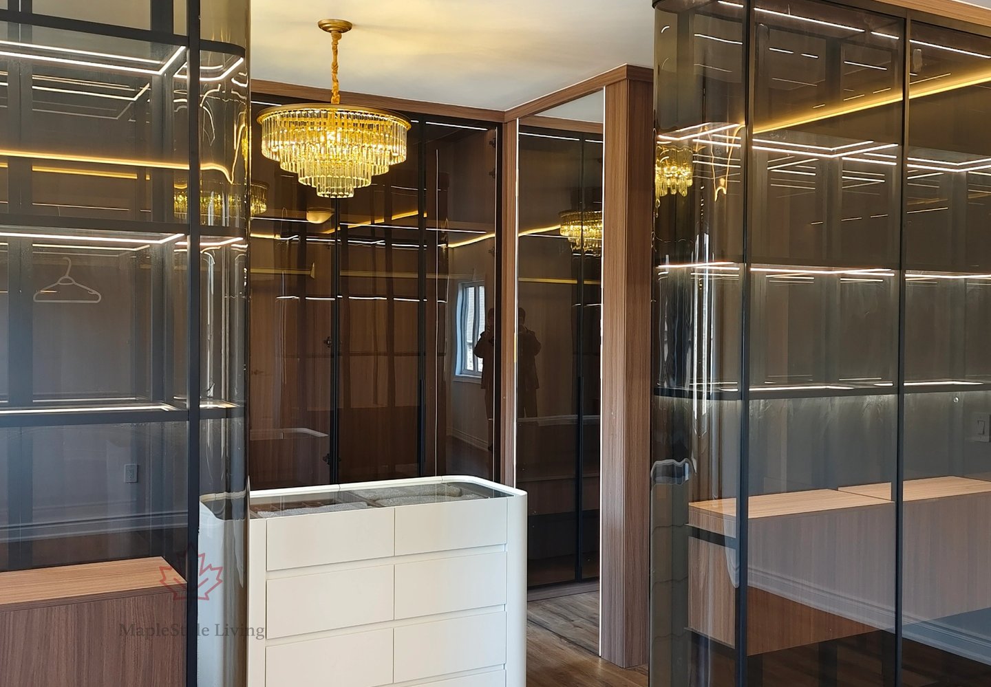 Custom walk-in closet with smoked glass doors, integrated LED shelf lighting, and a minimalist white