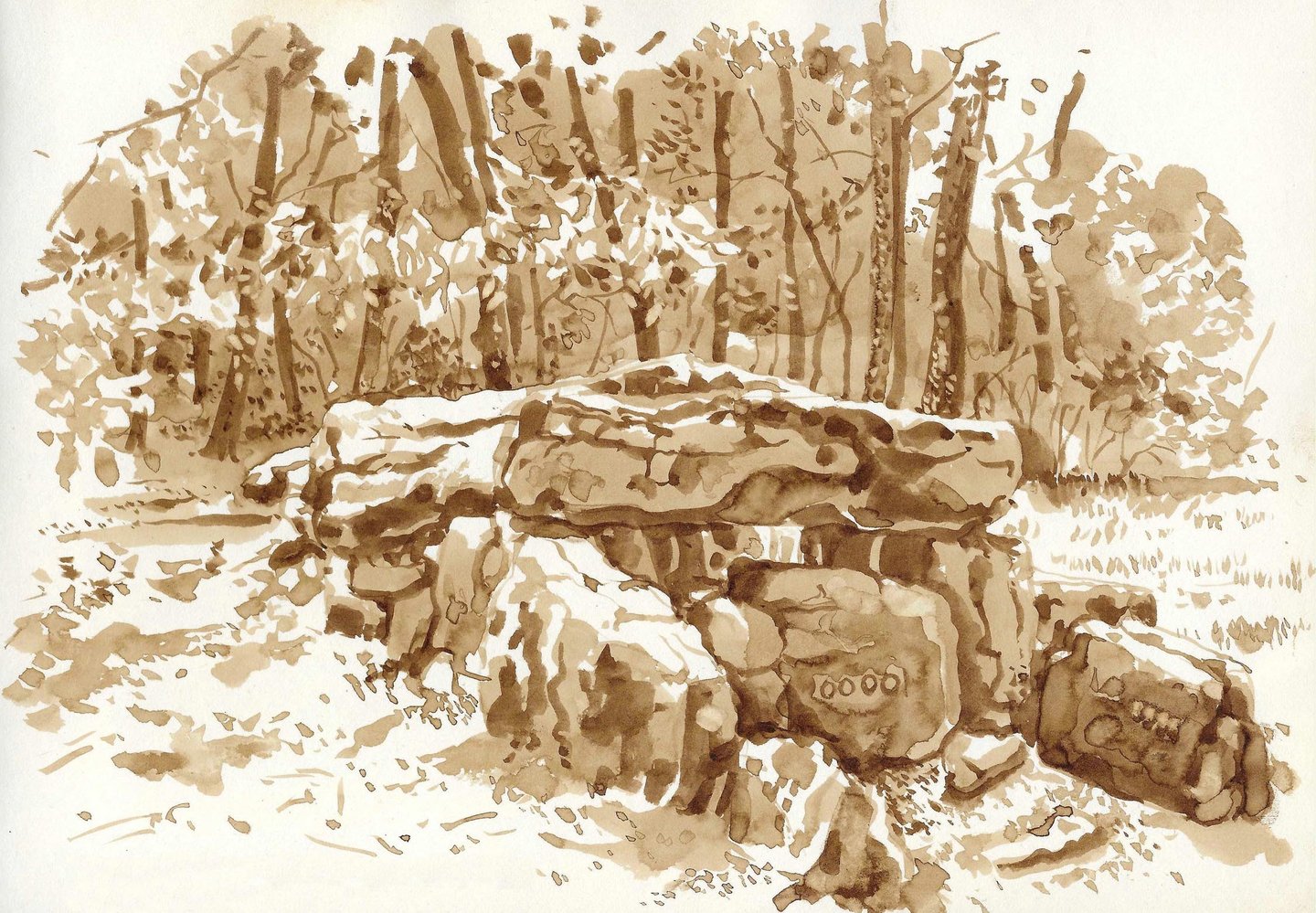 Dessin de paysage au lavis de brou de noix représentant des rochers en Bretagne