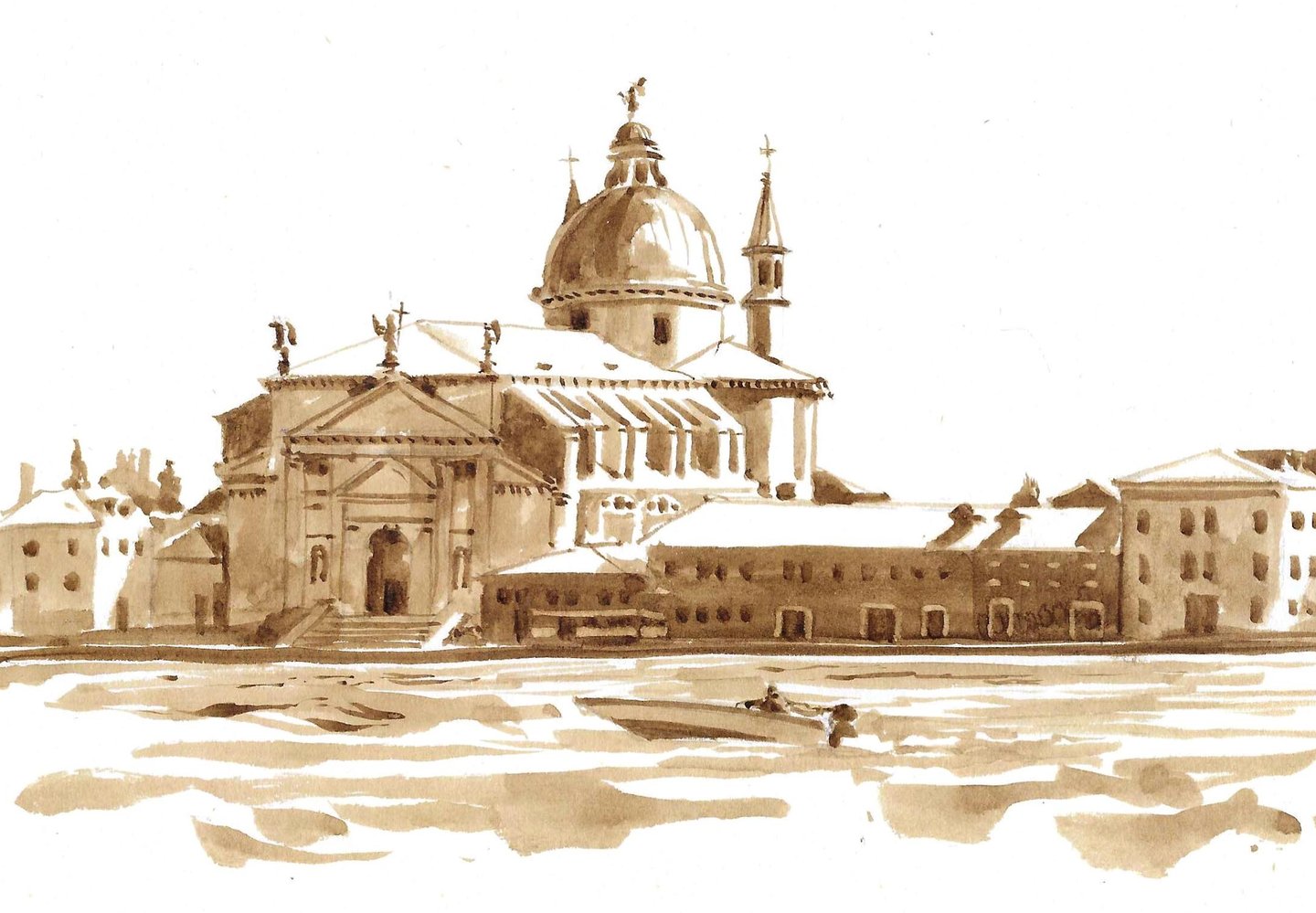 Dessin de paysage au lavis de brou de noix représentant Venise.