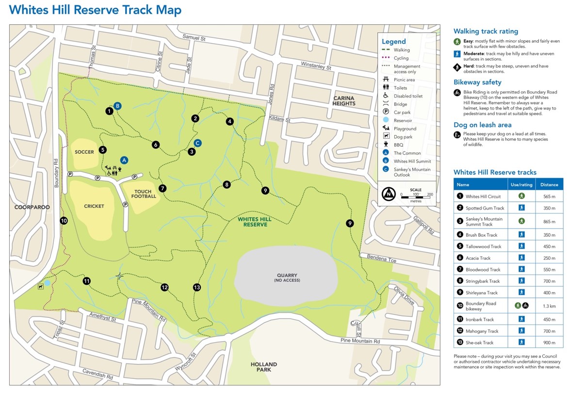 A walking track map of Whites Hill Reserve