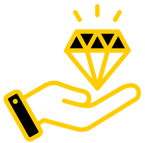 a hand holding a diamond shaped diamond in a yellow and black outline