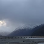 Bealey bridge over Waimakariri in winter fog, Arthur's Pass, NZ 2024