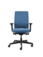 Blue ergonomic office task chair with adjustable armrests and caster wheels, front view.