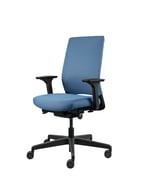 Modern blue office chair with ergonomic back support and swivel base, angled view.