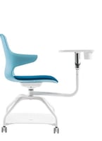 Blue Dora training chair with tablet arm, white frame, and castors, side view