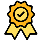 a yellow award ribbon with a check mark on it
