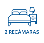 Ícono azul de cama con buró que representa departamento con 2 recámaras, diseño ilustrativo