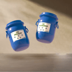 two blue plastic containers ph increaser and ph reducer for swimming pool