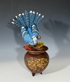 a blue bird sitting on top of a wooden bowl