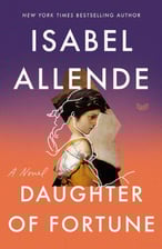 Cover of “Daughter of Fortune” by Isabel Allende, with a painted woman on a sunset background.