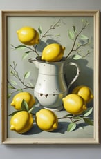 Still life lemon artwork in a beige frame featuring a white pitcher and branches.