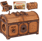 Escape room puzzle box designed as a vintage treasure chest with detailed carvings and hidden compar