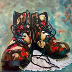 Poppy Boots, oil on wood panel, 40 x 40 cm