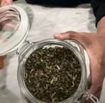 a person holding a jar of skullcap tea and a cup of tea