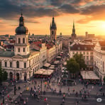 a city street scene with a clock tower in the background in Europe