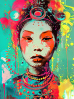 pop art painting - a woman with a colorful headdress and a colorful painting