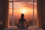 woman doing yoga meditation on brown parquet flooring