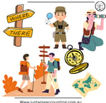 Illustration of an explorer, binocular user, hikers, compass, and map with 'WHERE' and 'THERE' signp