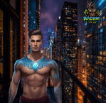 a man with tattoos on his chest outside in the city on a starry evening for a romantic evening