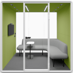 Type G-02: Group pod with corner sofa, small table, and wall screen, green interior