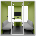 Type G-03: Meeting pod with two sofas, central table, and wall screen, green acoustic walls