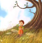 cute cartoon girl standing under an apple tree, holding an apple, surrounded by soft summer grass