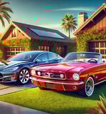 A classic red Ford Mustang and a sleek modern Tesla parked side by side- artificial intelligence, latest ai news, ai tools