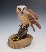 a bird perched on a tree stump 