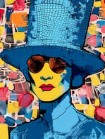 pop art portrait a woman in a blue hat and sunglasses