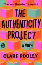 Cover of The Authenticity Project by Clare Pooley — bold orange with illustrated books.