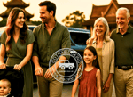 Happy multigenerational family arriving in Bangkok with private chauffeur and baby stroller