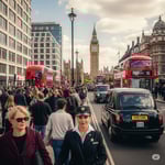 a busy street in UK with a lot of people walking around